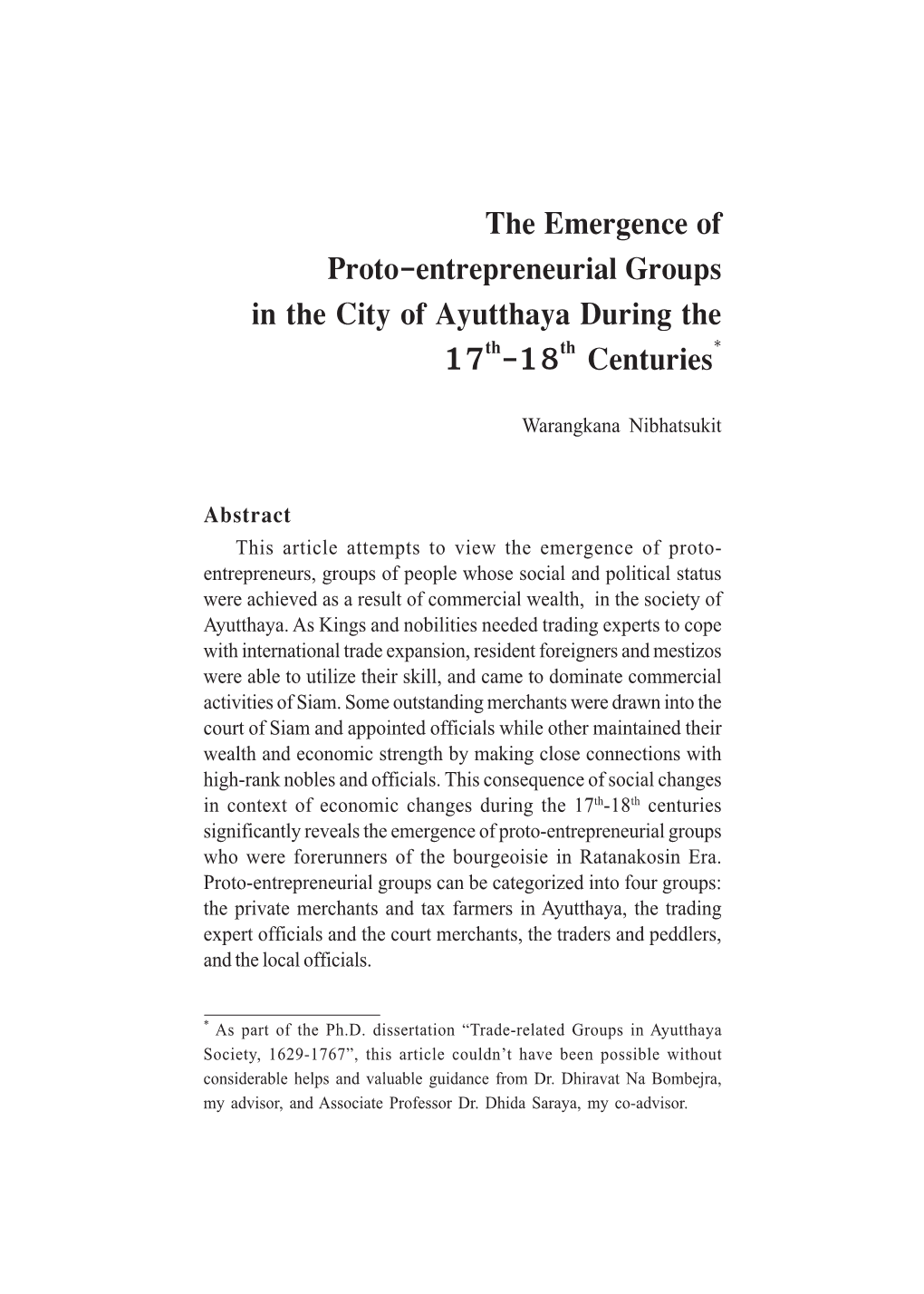 The Emergence of Proto-Entrepreneurial Groups in the City of Ayutthaya During the 17Th-18Th Centuries*
