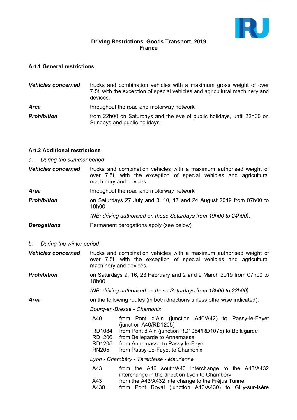 Driving Restrictions, Goods Transport, 2019 France Art.1