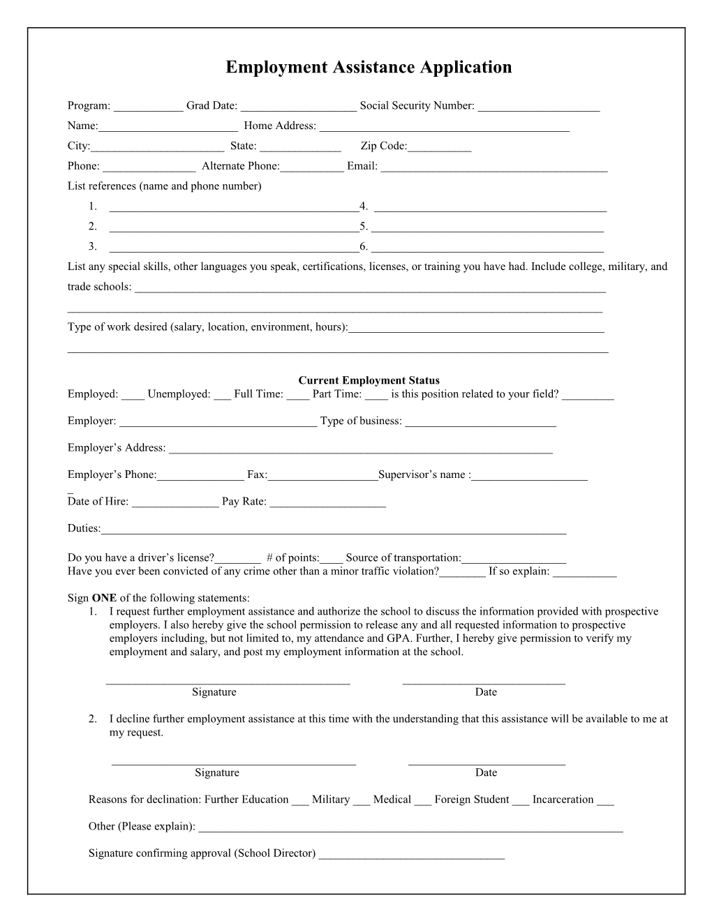 Employment Assistance Application