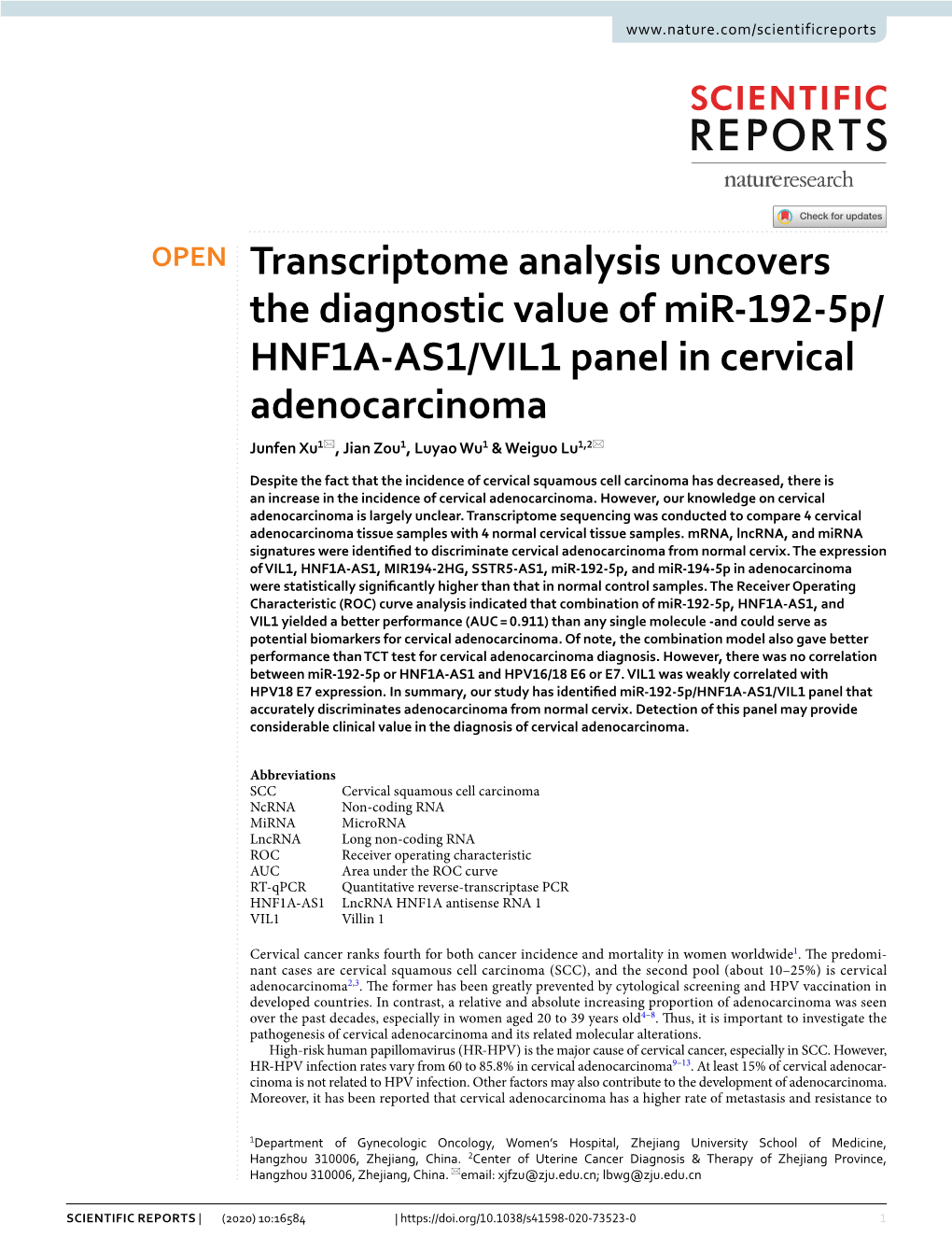 Transcriptome Analysis Uncovers the Diagnostic Value of Mir-192-5P/HNF1A-AS1/VIL1 Panel in Cervical Adenocarcinoma