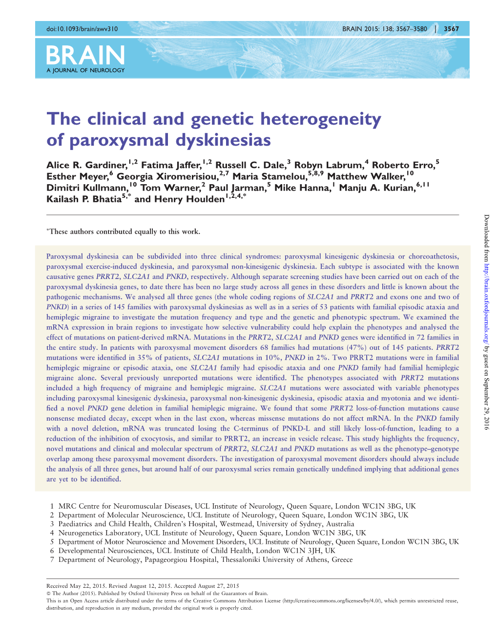 The Clinical and Genetic Heterogeneity of Paroxysmal Dyskinesias