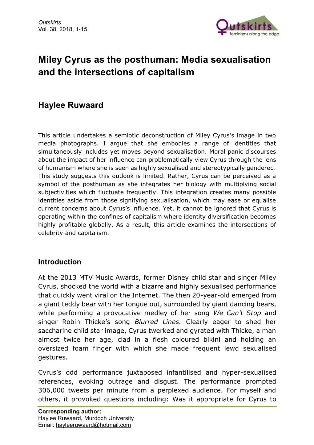 Miley Cyrus As the Posthuman: Media Sexualisation and the Intersections of Capitalism