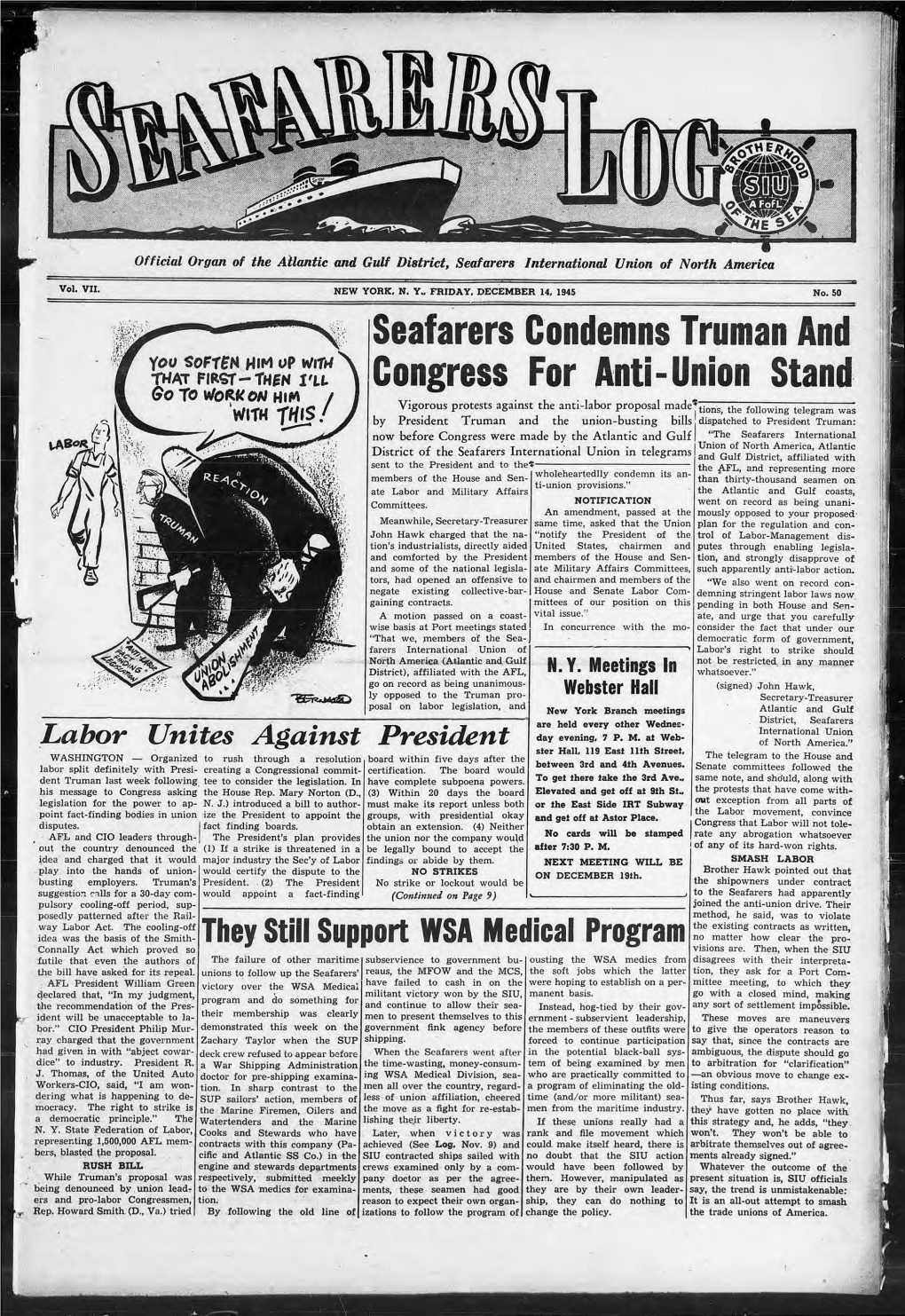 Seafarers Cendemns Truman and Cengress for Anti-Union Stand