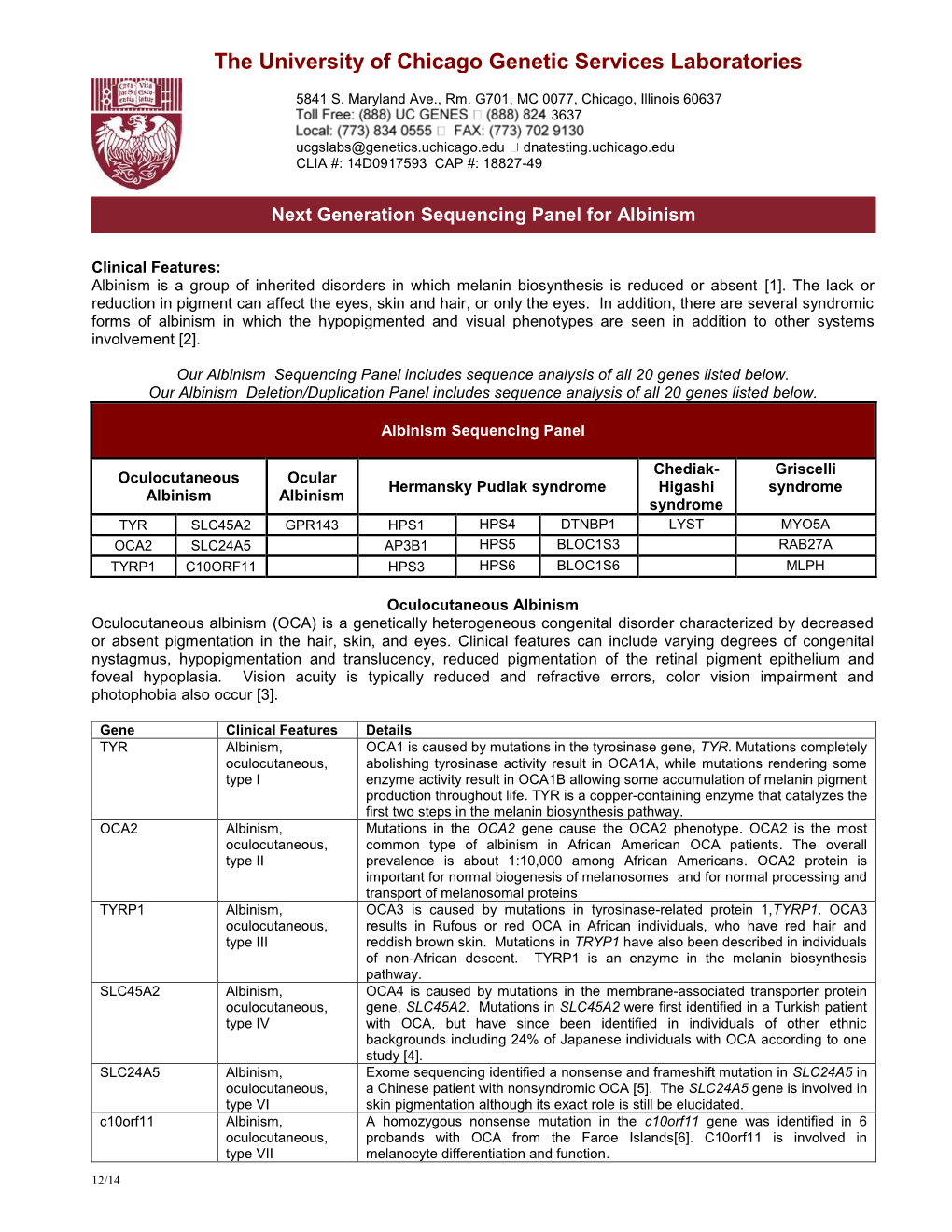 The University of Chicago Genetic Services Laboratories Labolaboratories