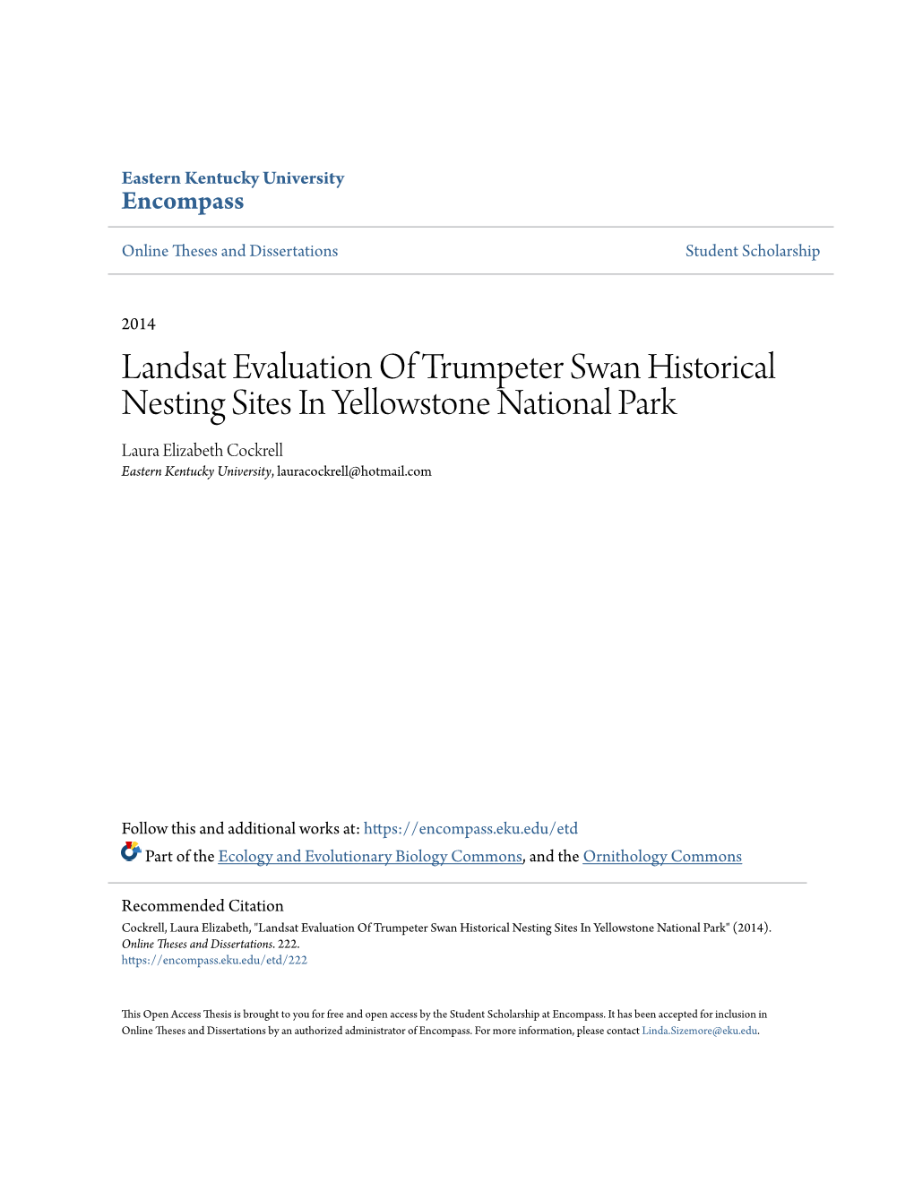 Landsat Evaluation of Trumpeter Swan Historical Nesting Sites In