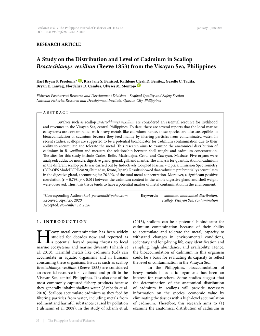 A Study on the Distribution and Level of Cadmium in Scallop Bractechlamys Vexillum (Reeve 1853) from the Visayan Sea, Philippines