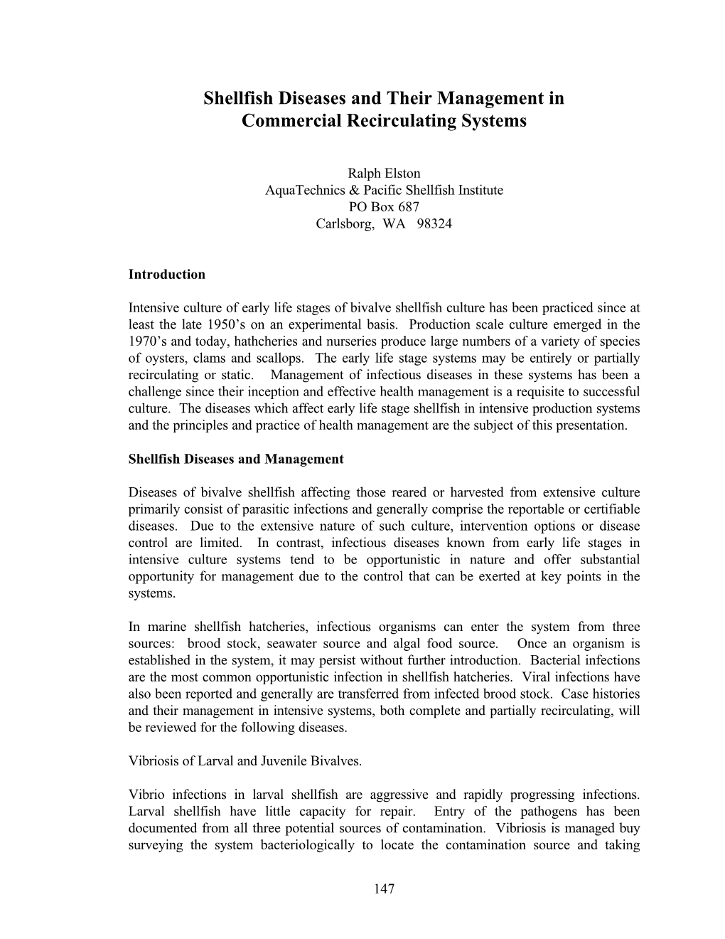 Shellfish Diseases and Their Management in Commercial Recirculating Systems