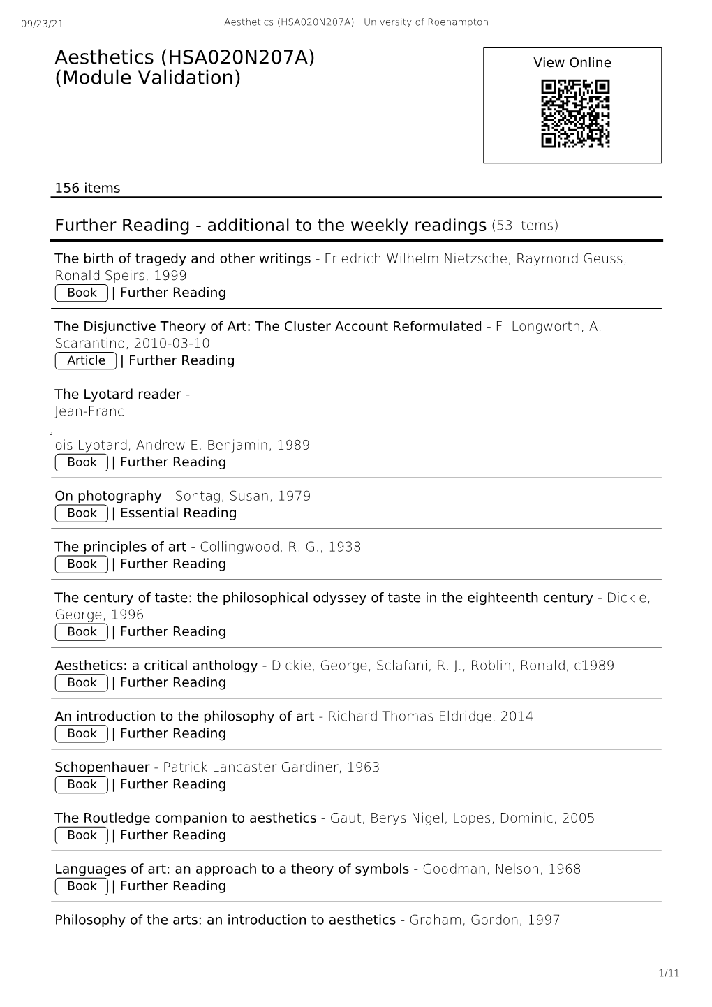 Aesthetics (HSA020N207A) | University of Roehampton