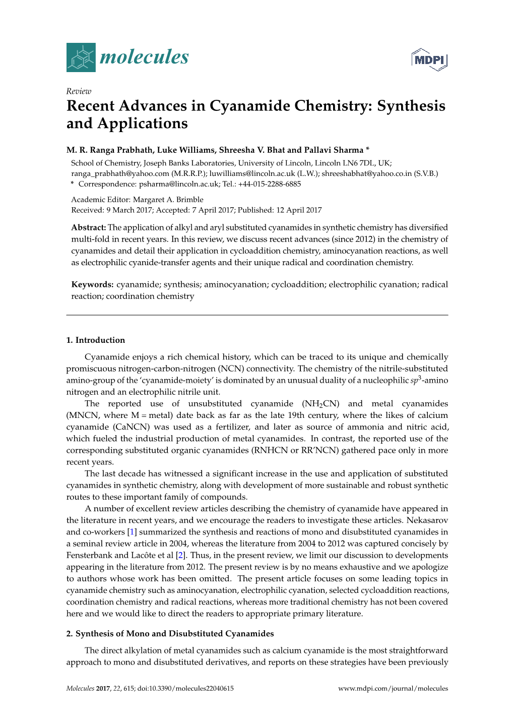 Recent Advances in Cyanamide Chemistry: Synthesis and Applications