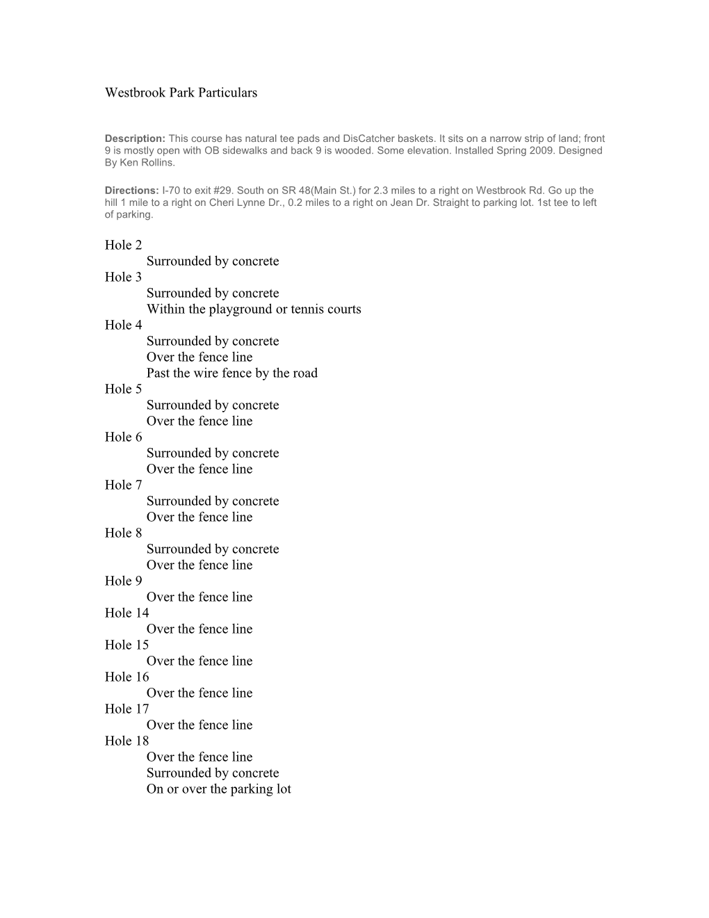 Westbrook Park Particulars