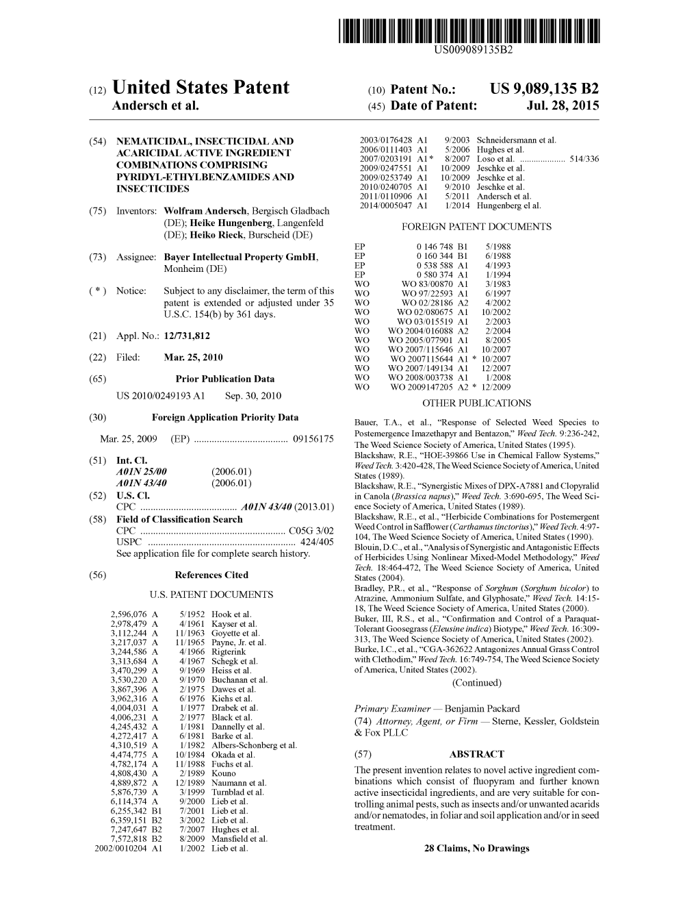 (12) United States Patent (10) Patent No.: US 9,089,135 B2 Andersch Et Al
