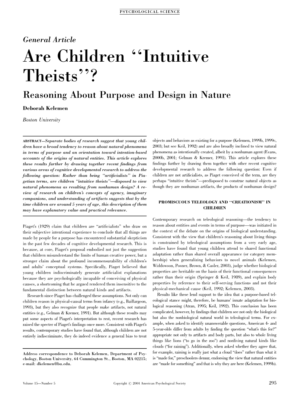 Are Children ''Intuitive Theists''?