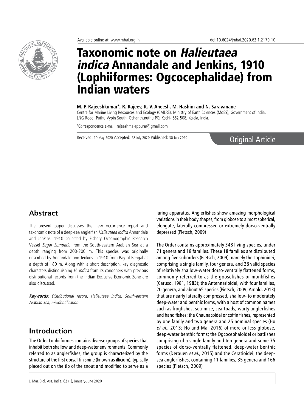 Taxonomic Note on Halieutaea Indica Annandale and Jenkins, 1910 (Lophiiformes: Ogcocephalidae) from Indian Waters