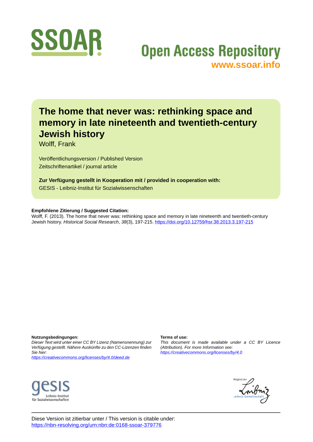 The Home That Never Was: Rethinking Space and Memory in Late Nineteenth and Twentieth-Century Jewish History Wolff, Frank