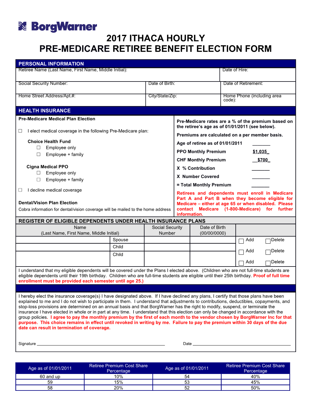 Pre-Medicare Retiree Benefit Election Form