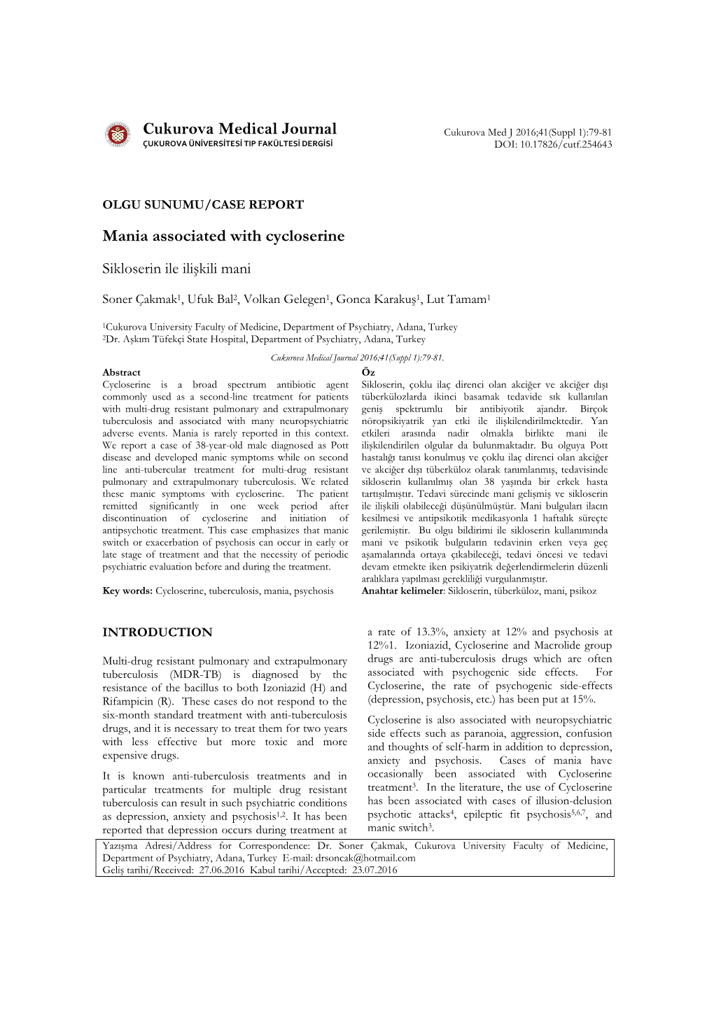 Cukurova Medical Journal Mania Associated with Cycloserine