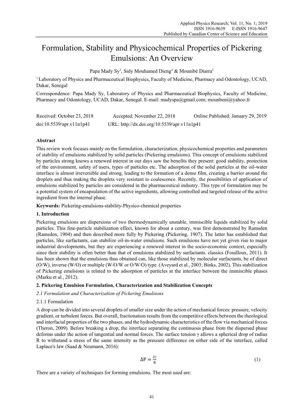 Formulation, Stability and Physicochemical Properties of Pickering Emulsions: an Overview