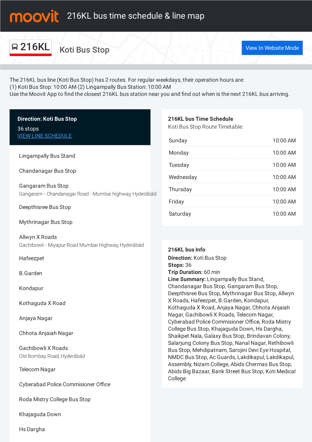 216KL Bus Time Schedule & Line Route