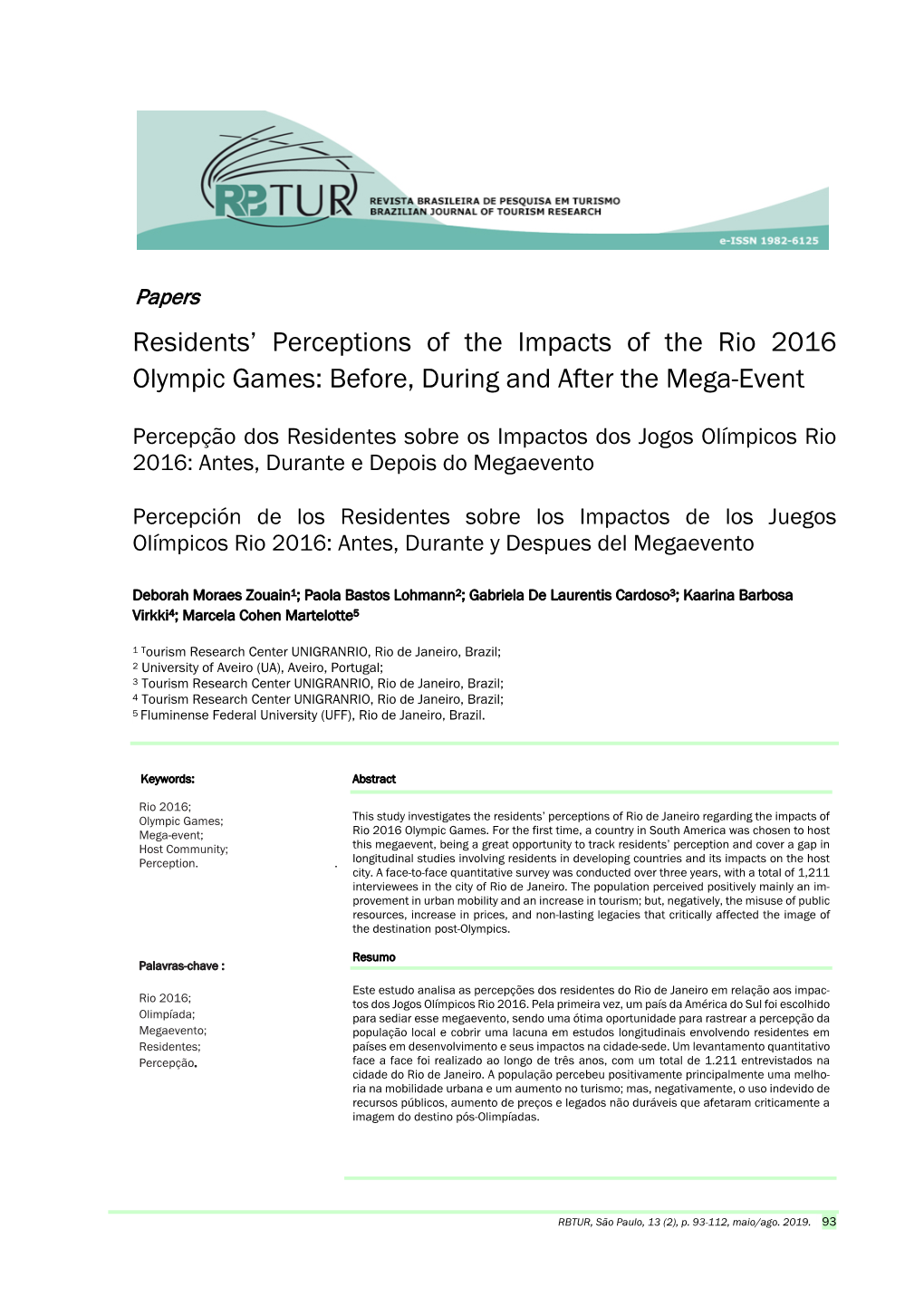 Residents' Perceptions of the Impacts of the Rio 2016 Olympic