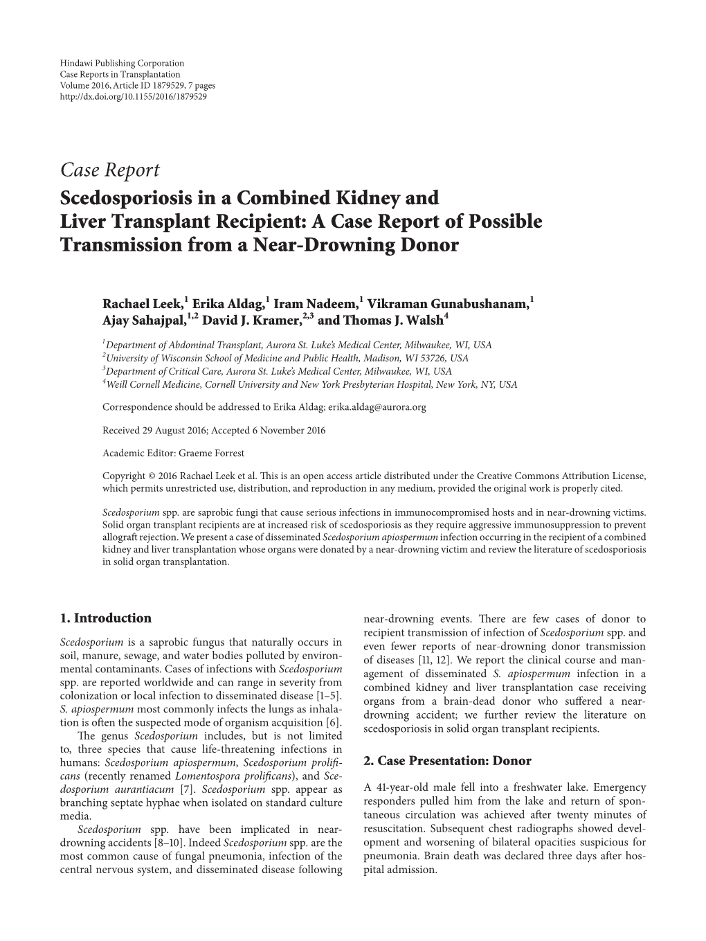 Scedosporiosis in a Combined Kidney and Liver Transplant Recipient: a Case Report of Possible Transmission from a Near-Drowning Donor