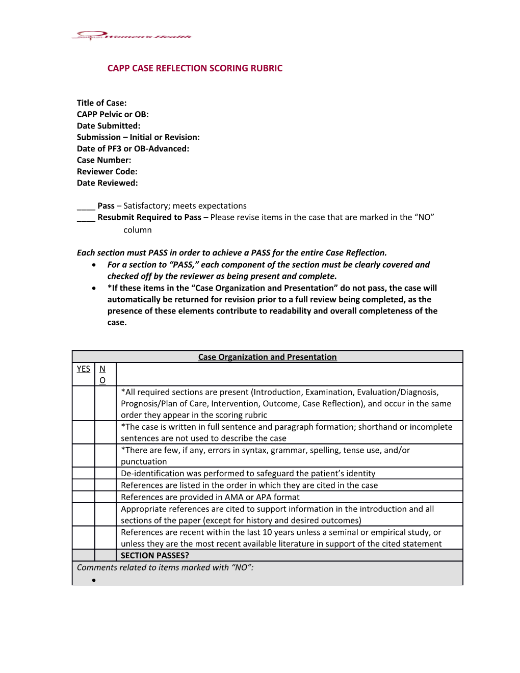 Capp Case Reflection Scoring Rubric