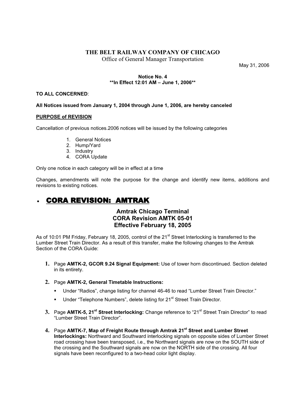 • CORA REVISION: AMTRAK Amtrak Chicago Terminal CORA Revision AMTK 05-01 Effective February 18, 2005