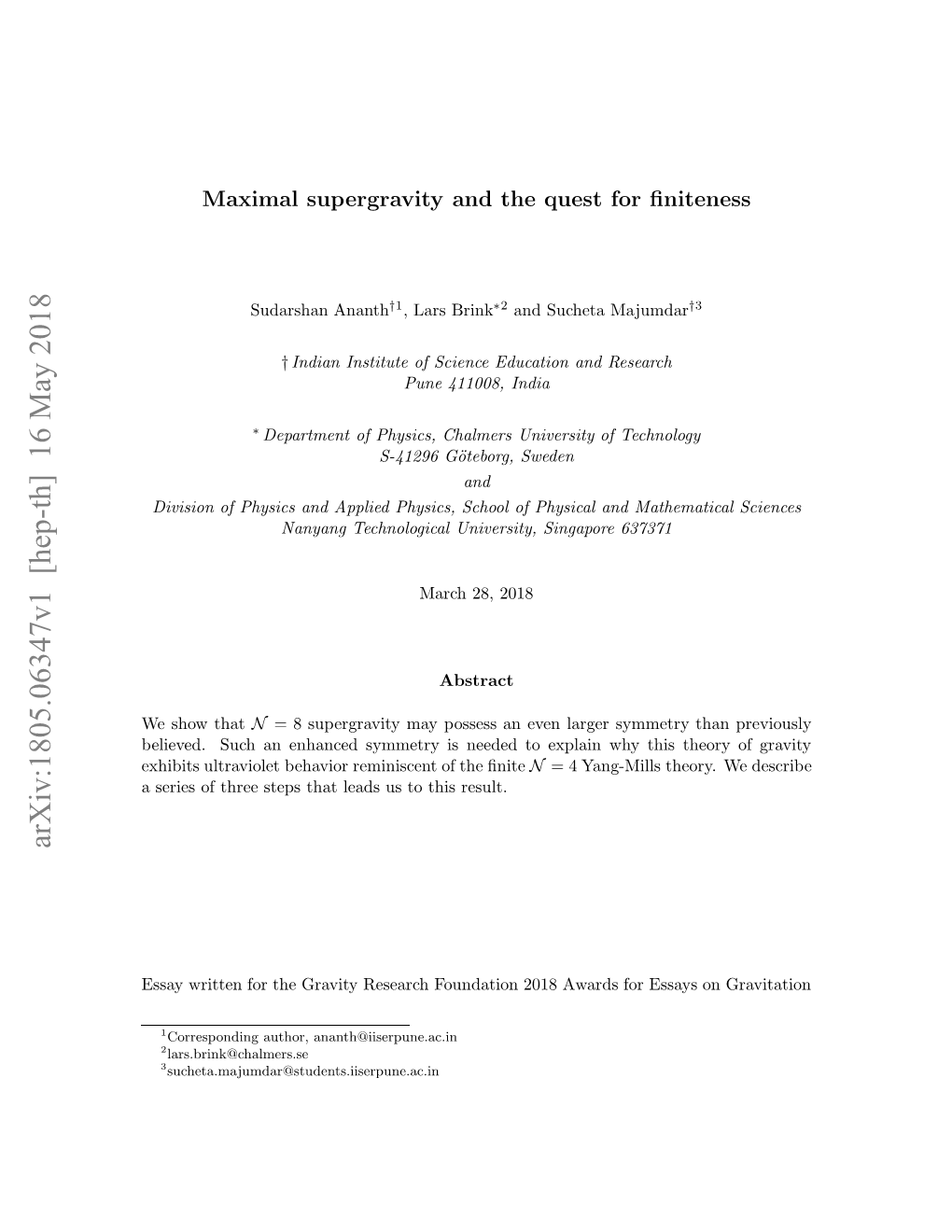 Arxiv:1805.06347V1 [Hep-Th] 16 May 2018 Sa Rte O H Rvt Eerhfudto 08Awar 2018 Foundation Research Gravity the for Written Essay Result