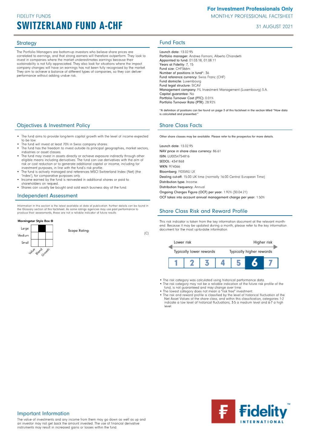 Switzerland Fund A-CHF for Investment Professionals Only FIDELITY FUNDS MONTHLY PROFESSIONAL FACTSHEET SWITZERLAND FUND A-CHF 31 AUGUST 2021