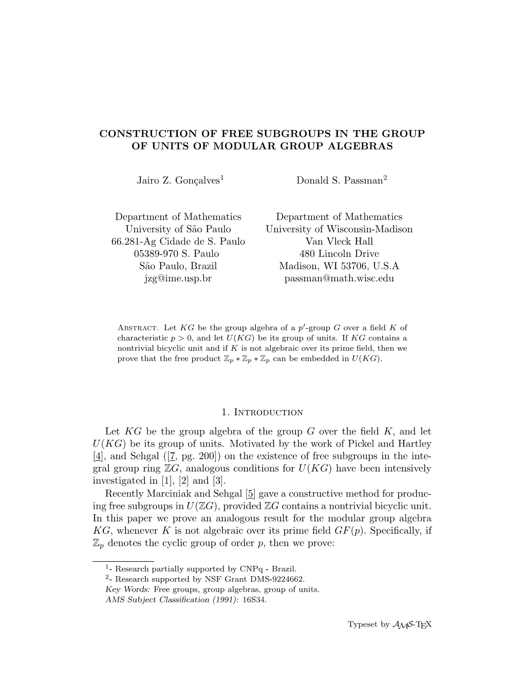 Construction of Free Subgroups in the Group of Units of Modular Group Algebras