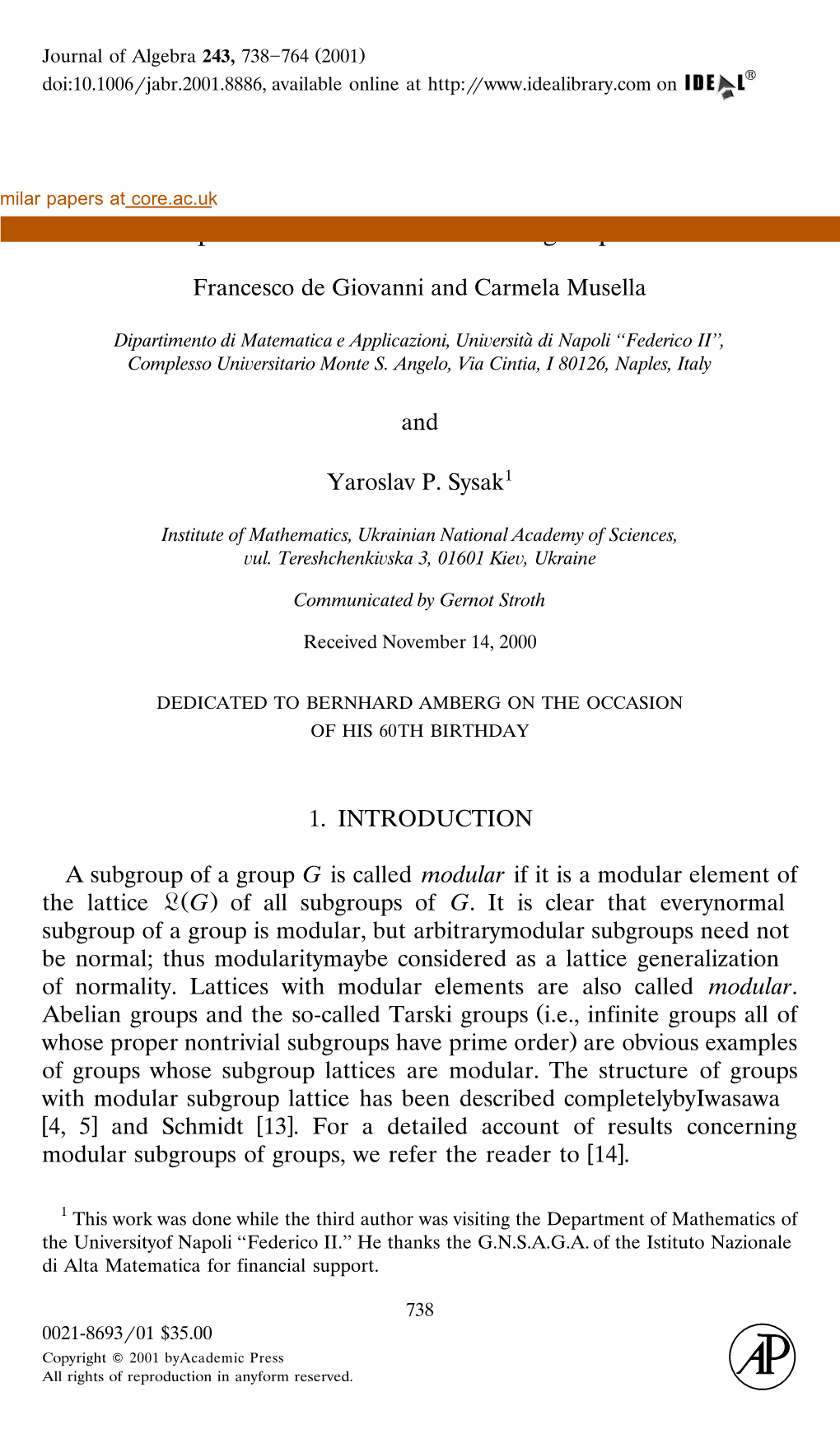 Groups with Almost Modular Subgroup Lattice Provided by Elsevier - Publisher Connector