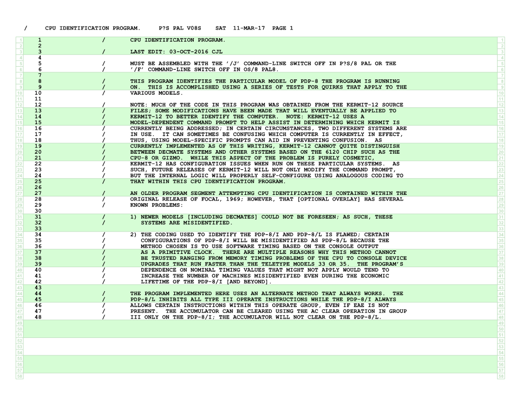 Cpu Identification Program. P?S Pal V08s Sat 11-Mar-17 Page 1