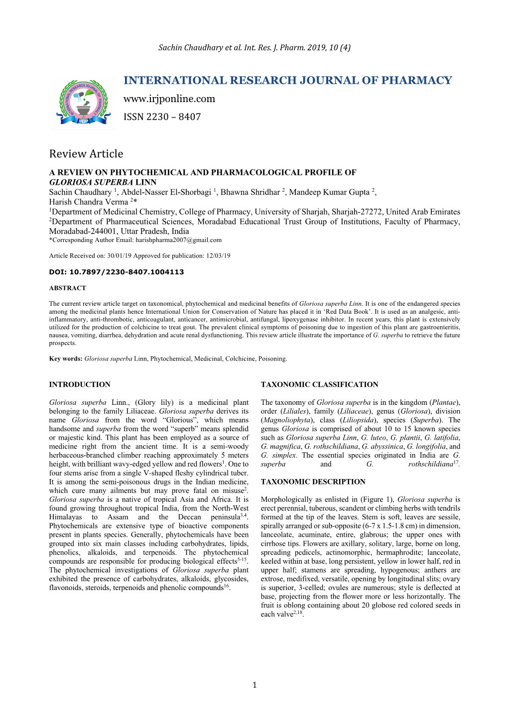 A Review on Phytochemical and Pharmacological Profile of Gloriosa