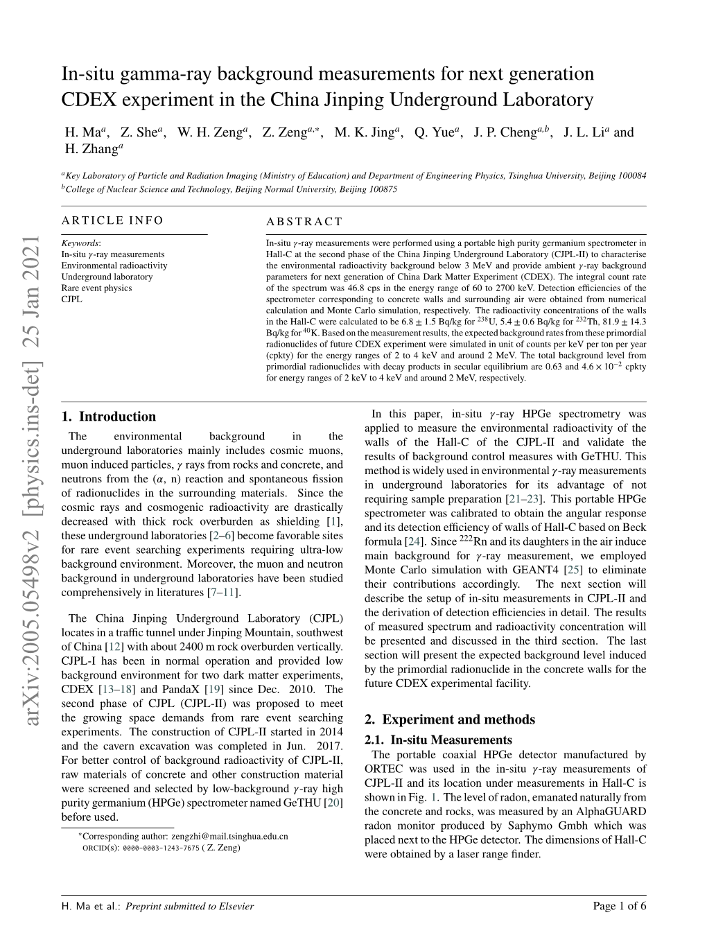 In-Situ Gamma-Ray Background Measurements for Next Generation CDEX Experiment in the China Jinping Underground Laboratory a a a a ∗ a a A,B a H