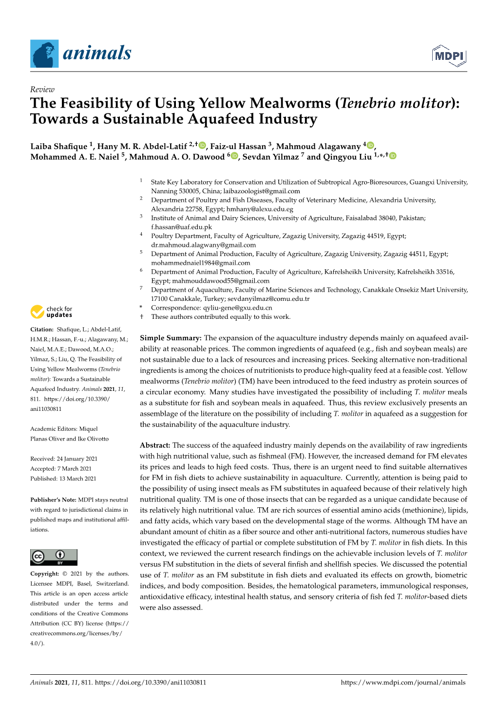 The Feasibility of Using Yellow Mealworms (Tenebrio Molitor): Towards a Sustainable Aquafeed Industry