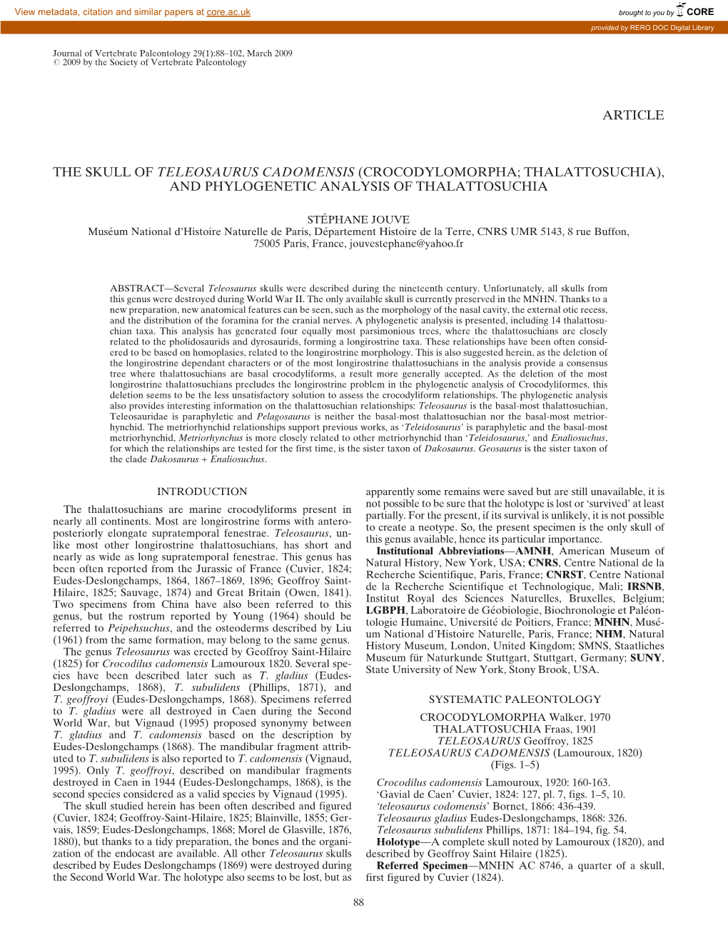 Article the Skull of Teleosaurus Cadomensis