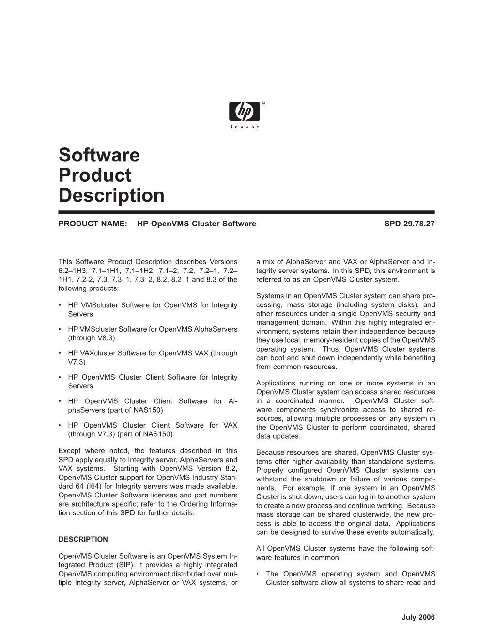 HP Openvms Cluster Software SPD 29.78.27