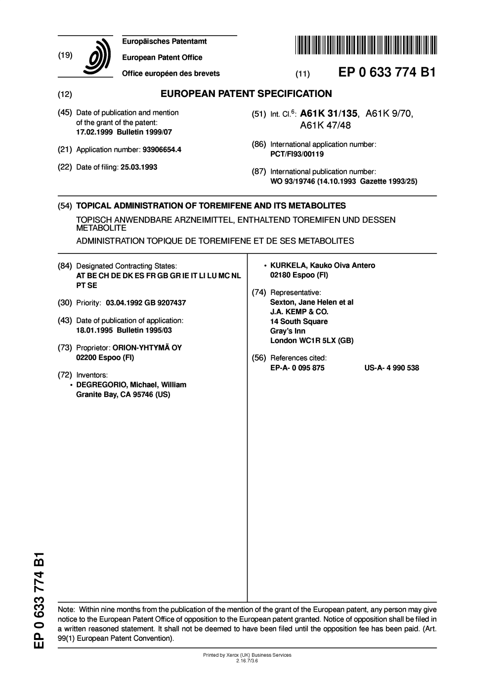 Topical Administration of Toremifene and Its