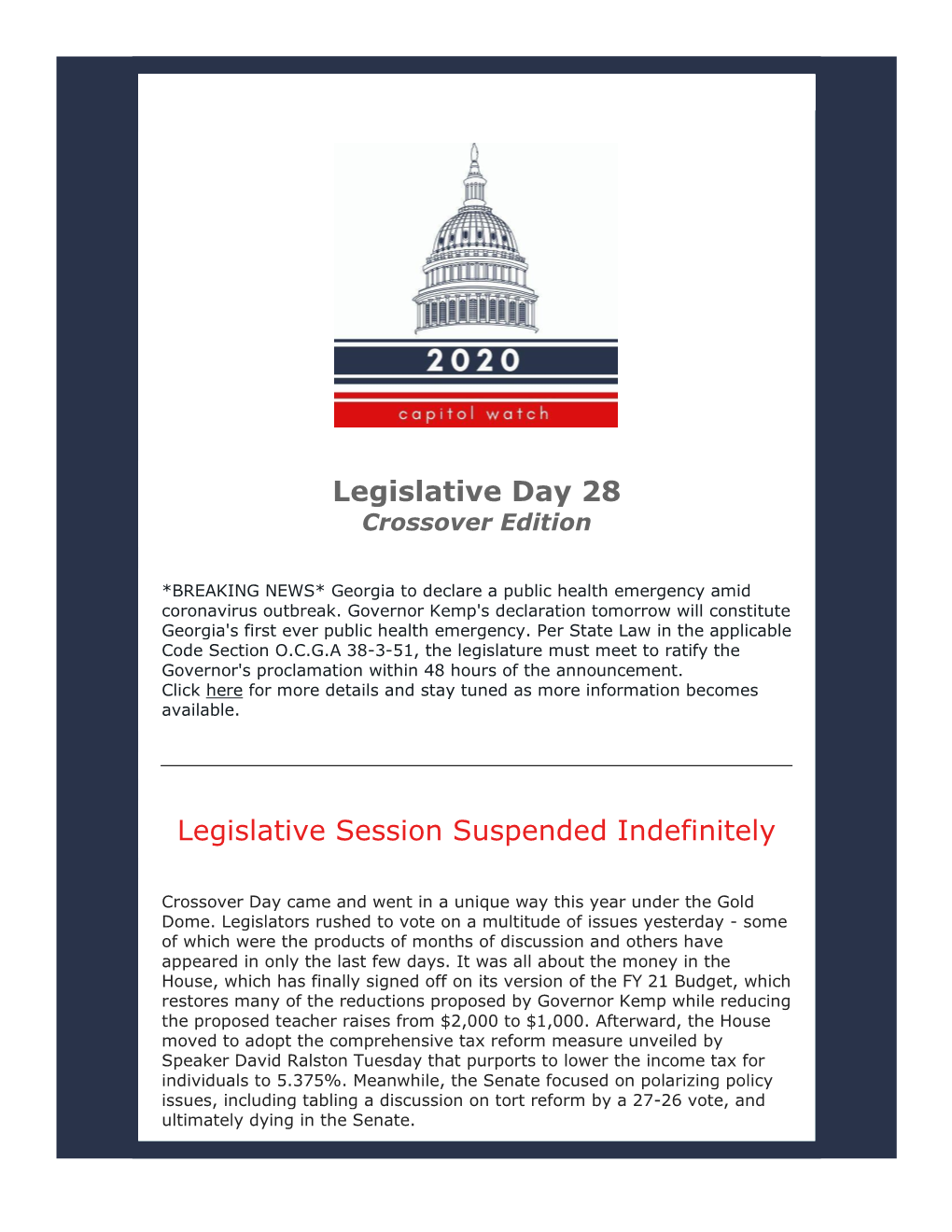 Legislative Day 28 Legislative Session Suspended Indefinitely