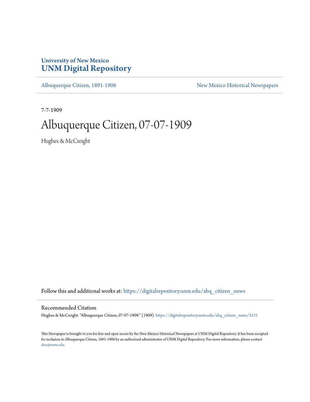 Albuquerque Citizen, 07-07-1909 Hughes & Mccreight