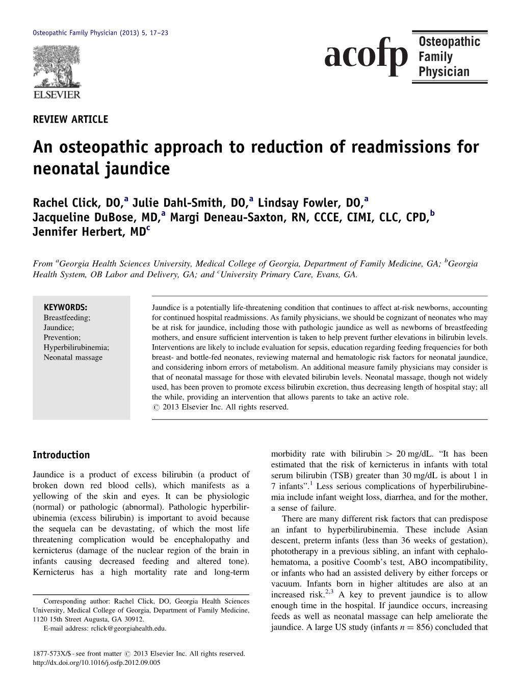 An Osteopathic Approach to Reduction of Readmissions for Neonatal Jaundice