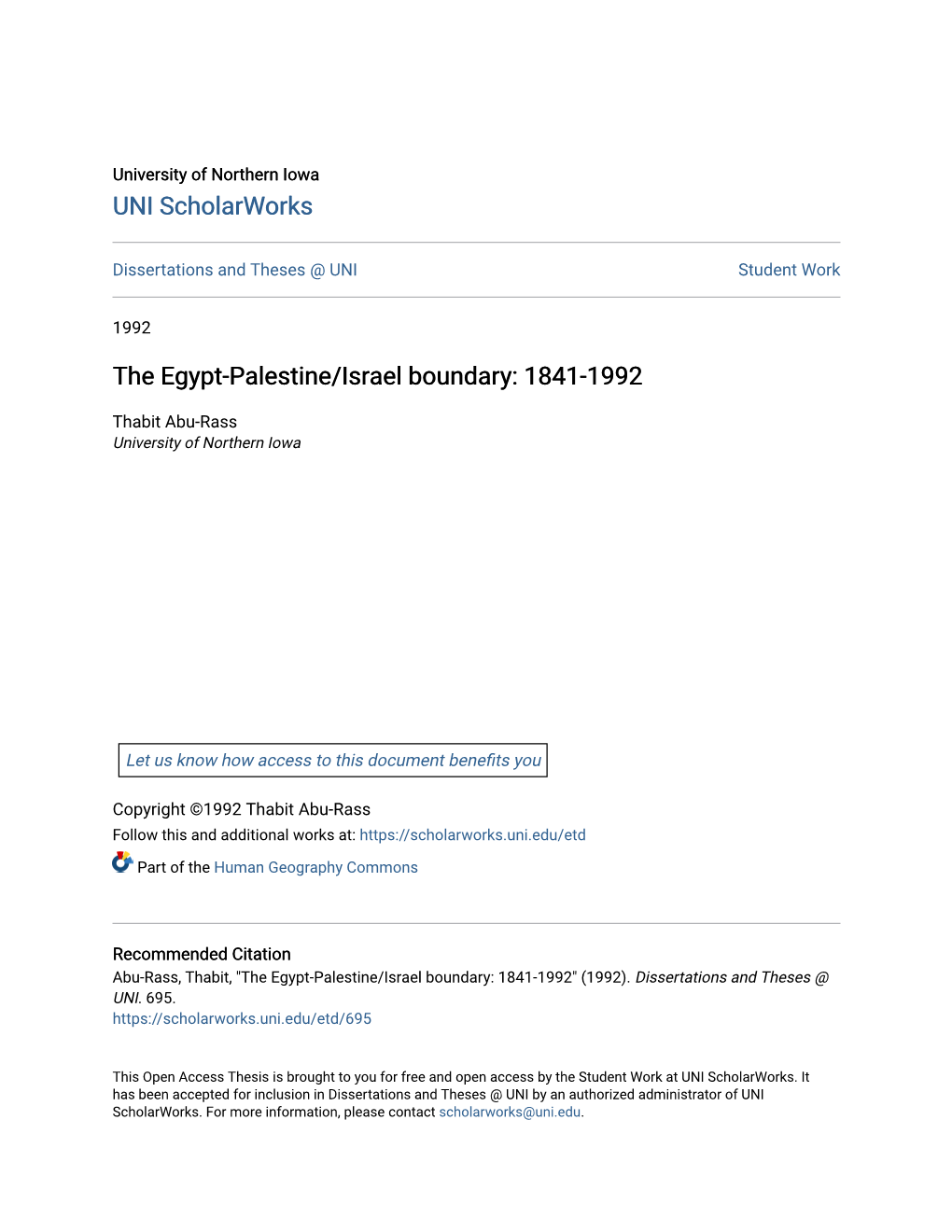 The Egypt-Palestine/Israel Boundary: 1841-1992