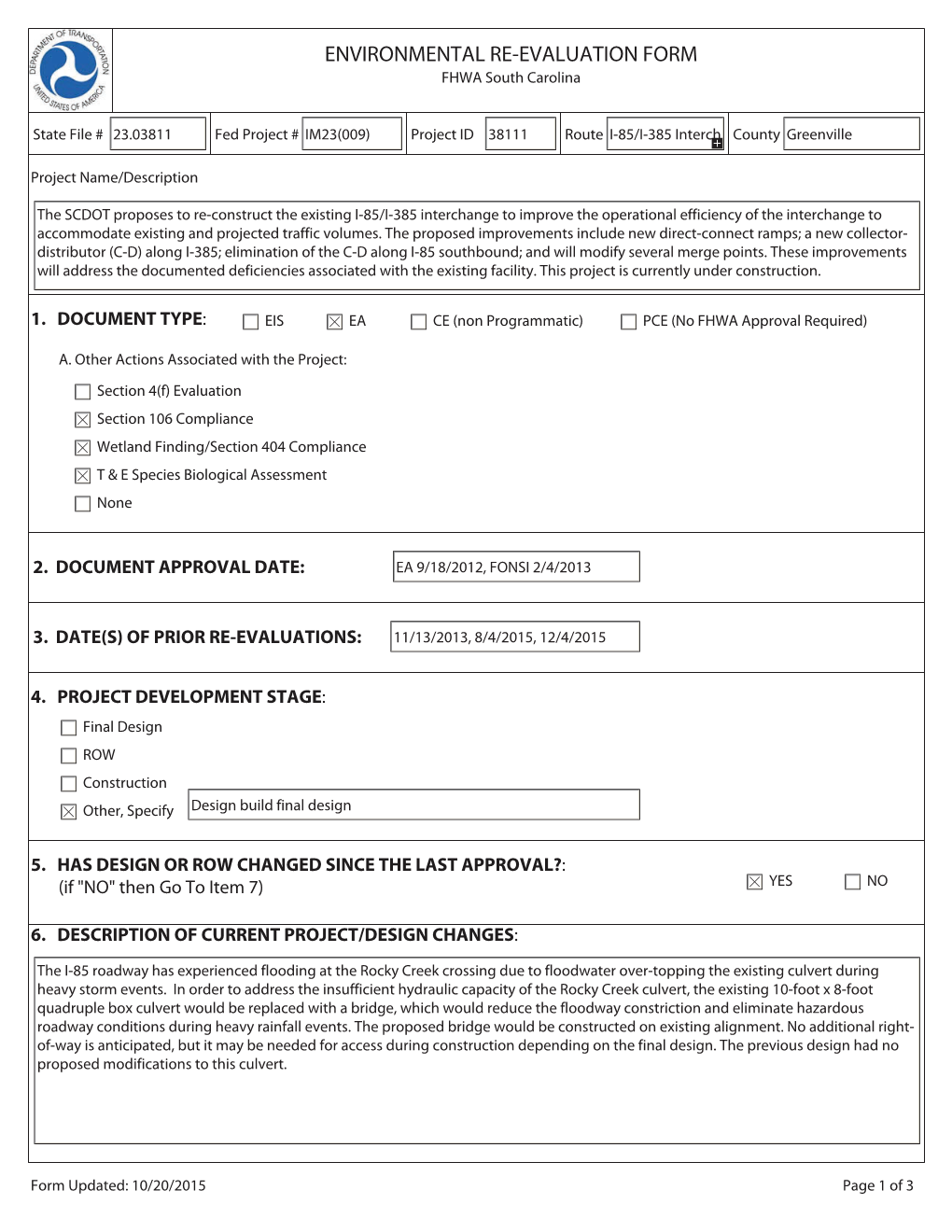 ENVIRONMENTAL RE-EVALUATION FORM FHWA South Carolina