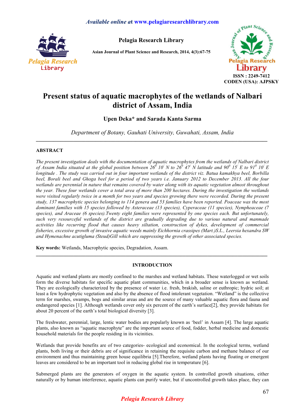 Present Status of Aquatic Macrophytes of the Wetlands of Nalbari District of Assam, India