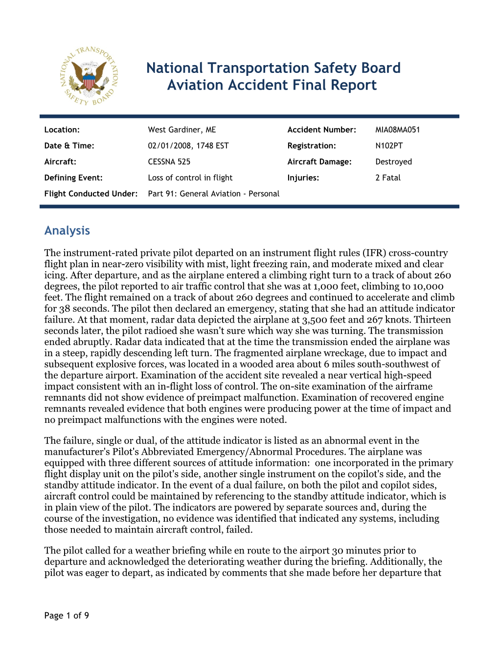 National Transportation Safety Board Aviation Accident Final Report