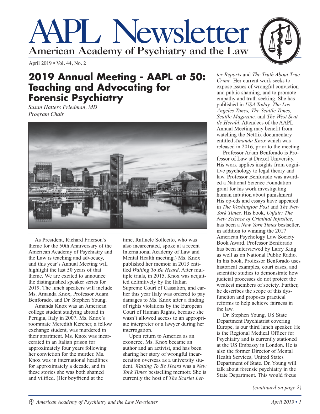 April 2019 Newsletter Rev8.Qxp April 2019 5/3/19 3:50 PM Page 1 AAPL Newsletter American Academy of Psychiatry and the Law