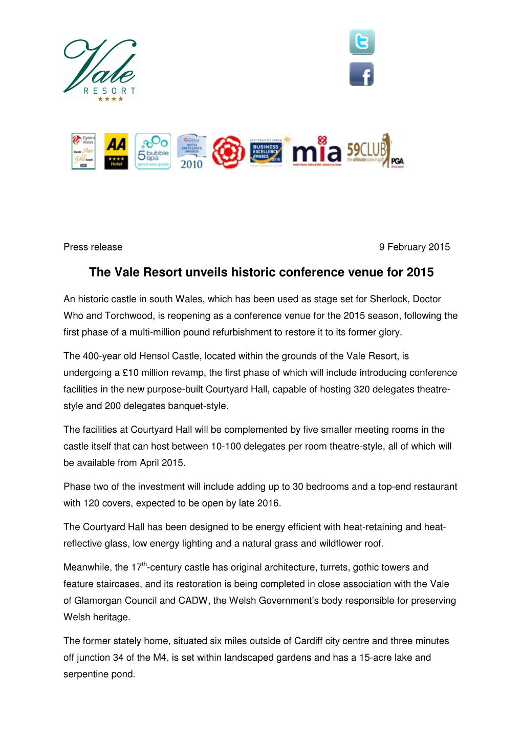 The Vale Resort Unveils Historic Conference Venue for 2015