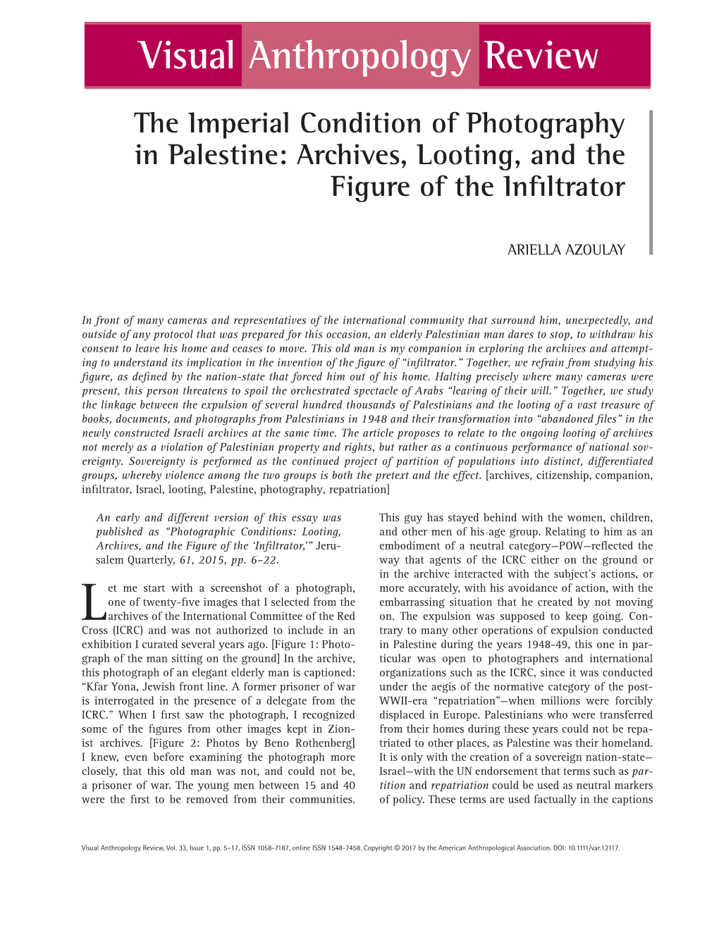 The Imperial Condition of Photography in Palestine: Archives, Looting, and the Figure of the Infiltrator