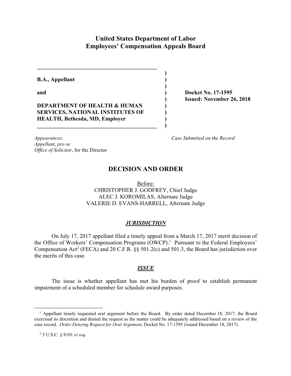 17-1595 ) Issued: November 26, 2018 DEPARTMENT of HEALTH & HUMAN ) SERVICES, NATIONAL INSTITUTES of ) HEALTH, Bethesda, MD, Employer ) ______)