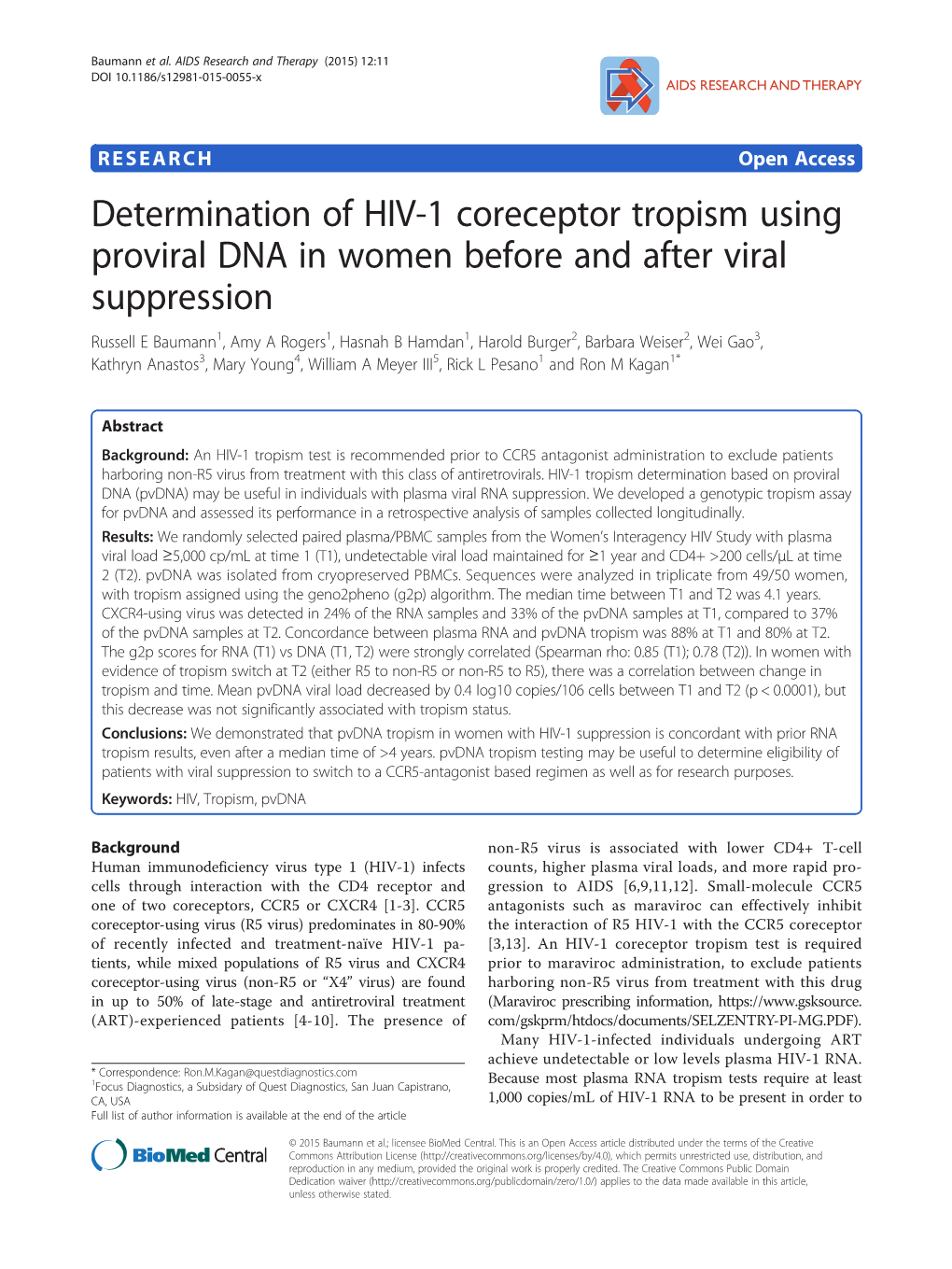 Determination of HIV-1 Coreceptor Tropism Using Proviral DNA In