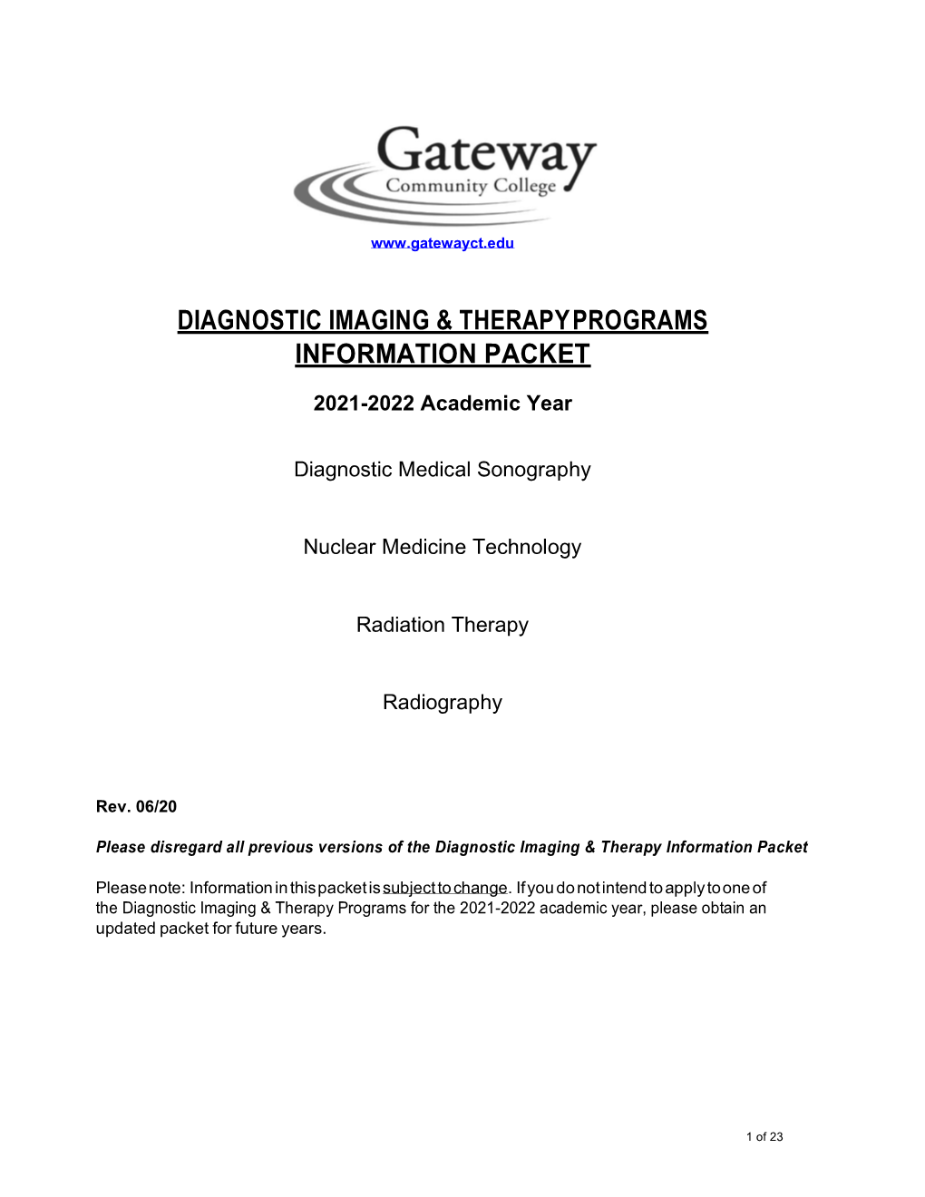 2021-2022 Diagnostic Imaging and Therapy Information Packet